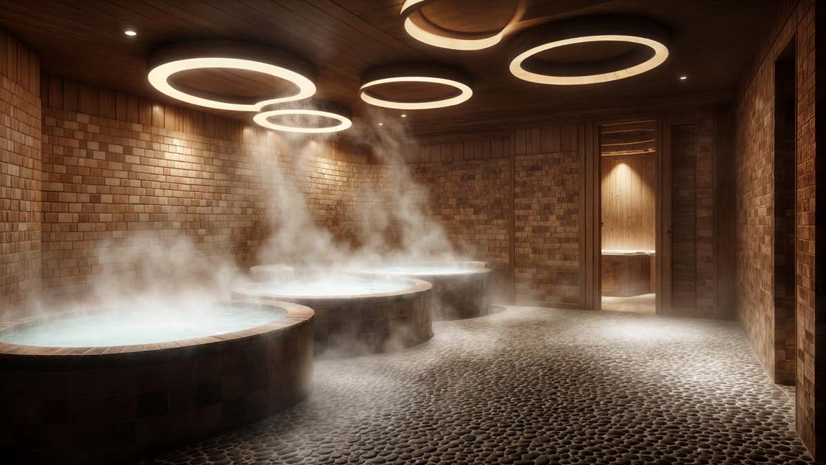 Spa steam room with circular pools