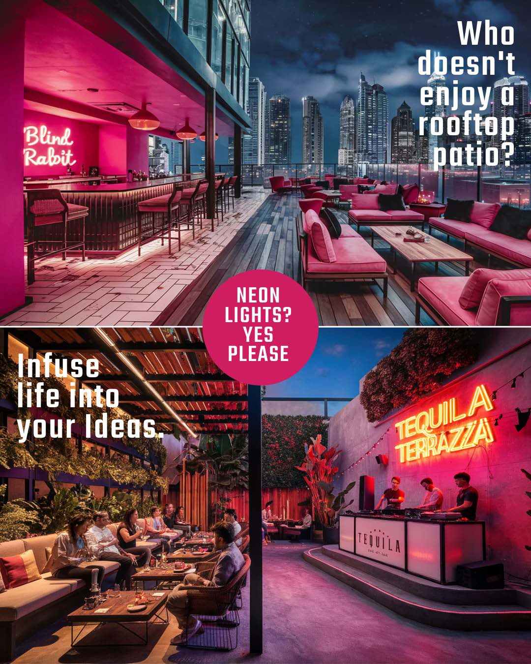 Rooftop patio and lounge bar with neon lighting