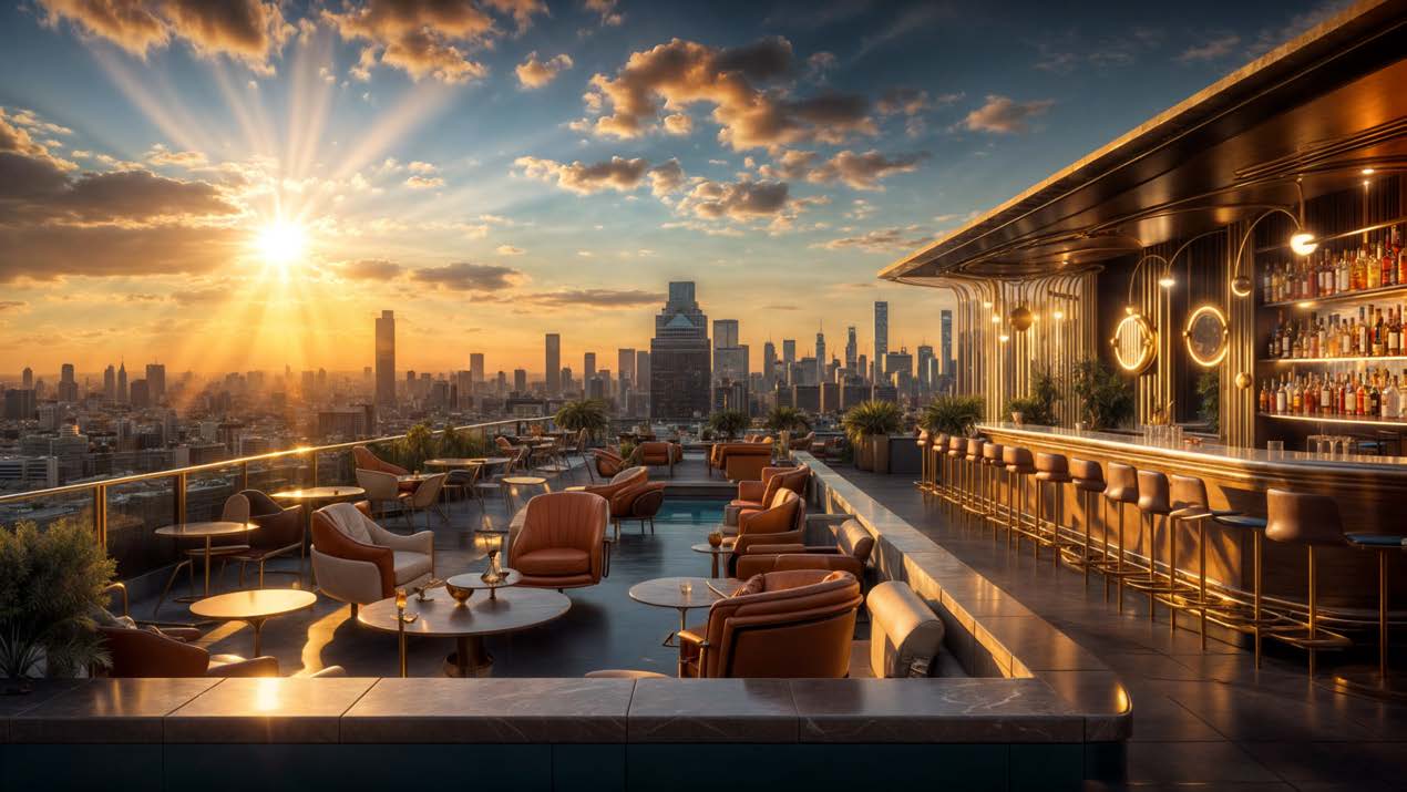 Rooftop bar overlooking a city skyline at sunset