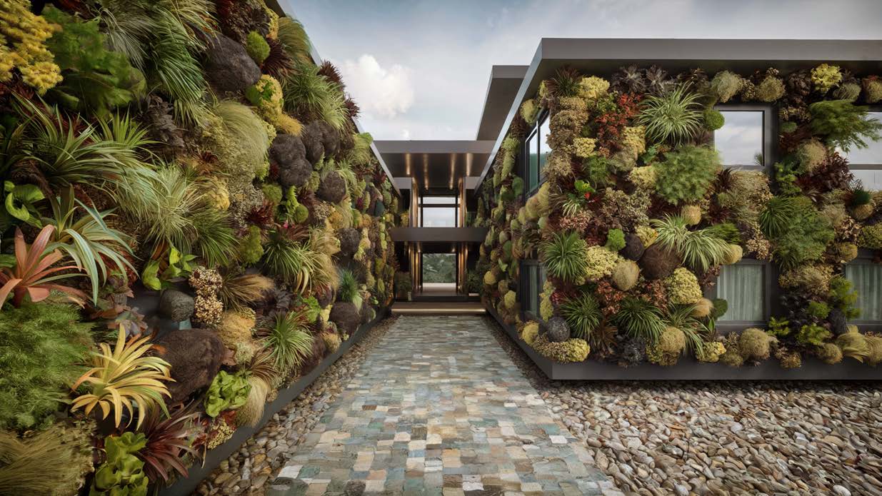 Building with large living walls along a stone path