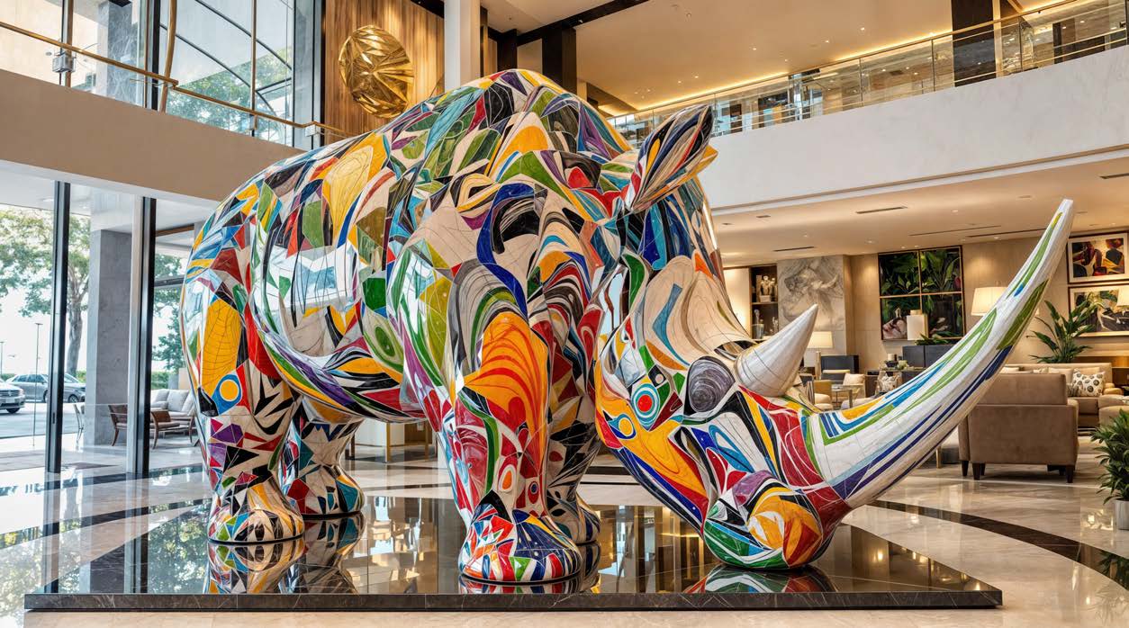 Colourful sculpture installation in a hotel lobby