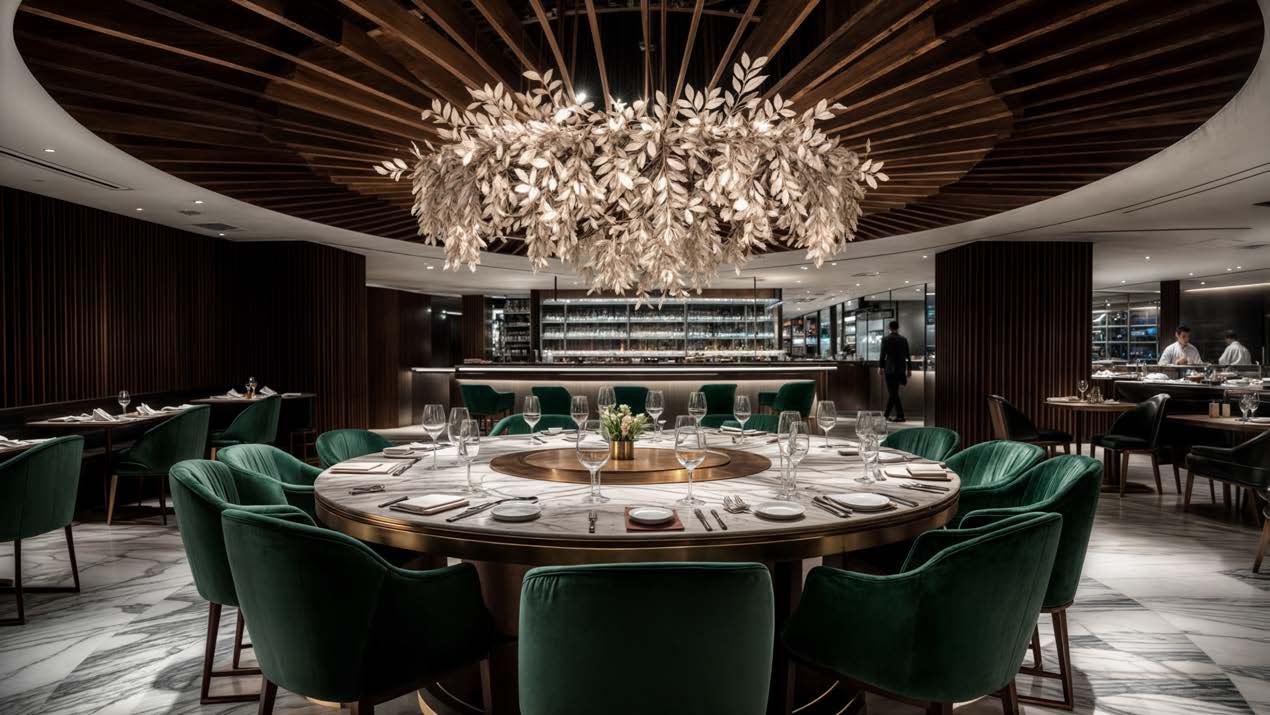 Luxury hotel dining room with velvet chairs