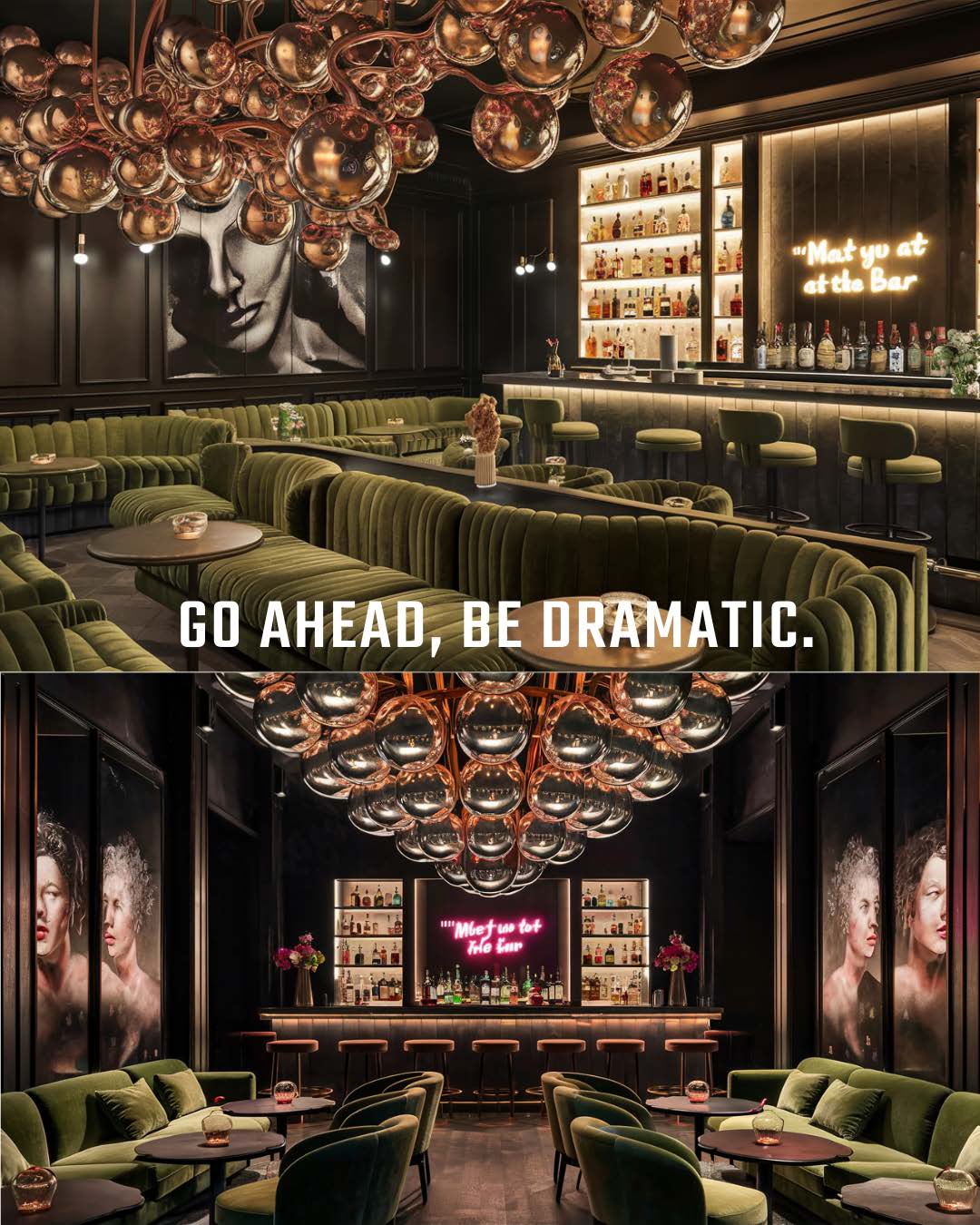 Bar interior with green velvet seating and a neon sign