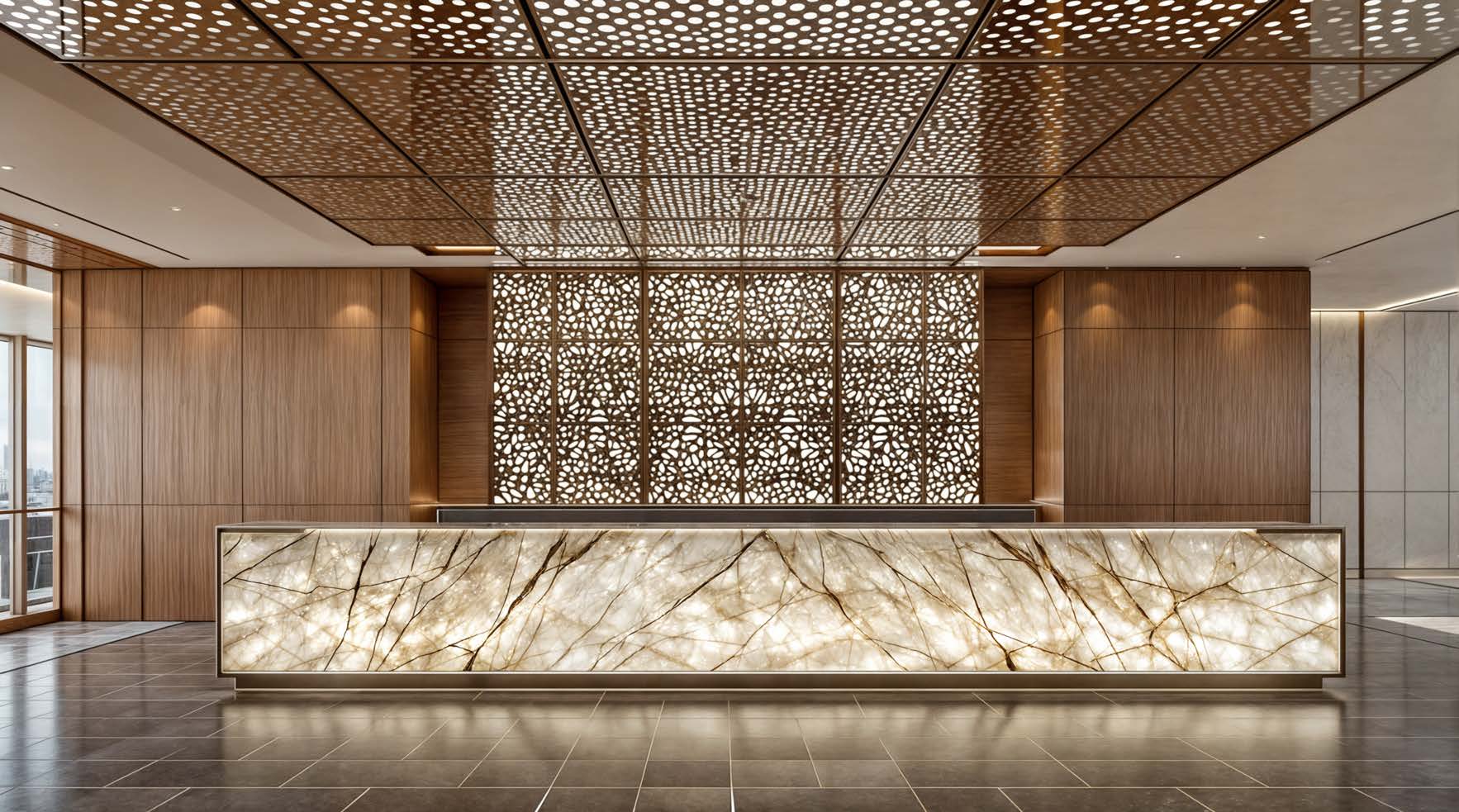 Hotel reception with a digital art wall and faceted desk