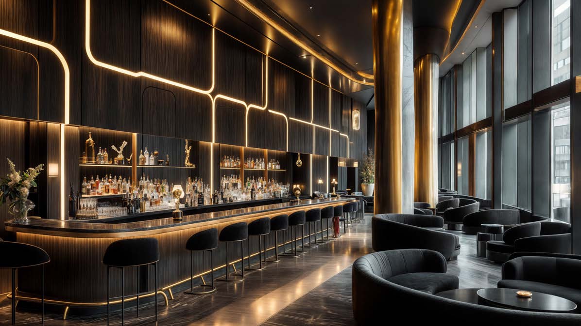 Hotel lobby bar with marble counter and velvet stools