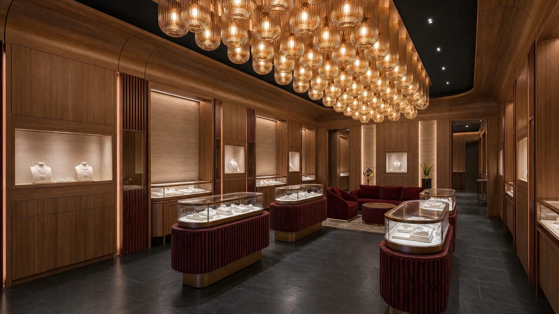 Jewelry boutique interior with curved wood panelling, illuminated display niches and a ceiling of amber glass pendant lights
