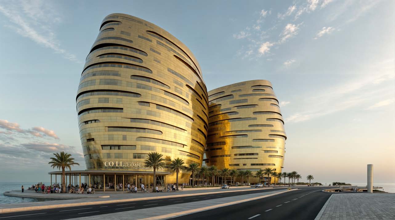 Hotel exterior with a golden façade
