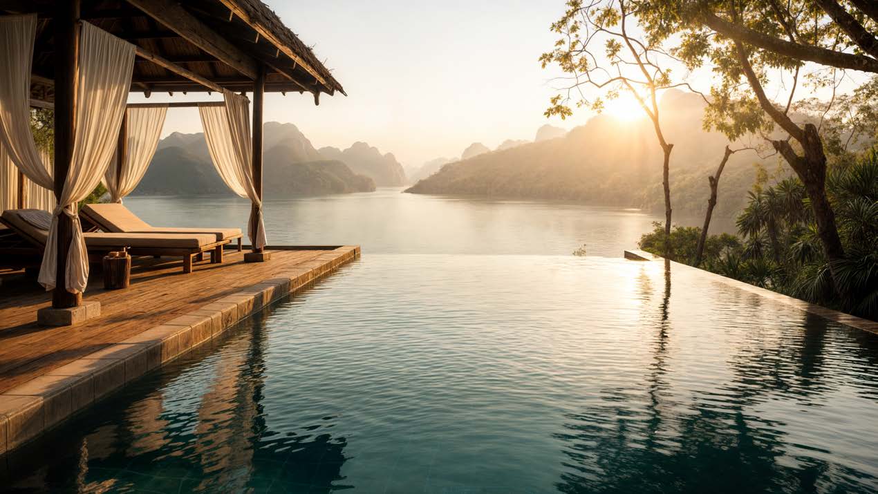 Infinity pool overlooking a lake at sunrise
