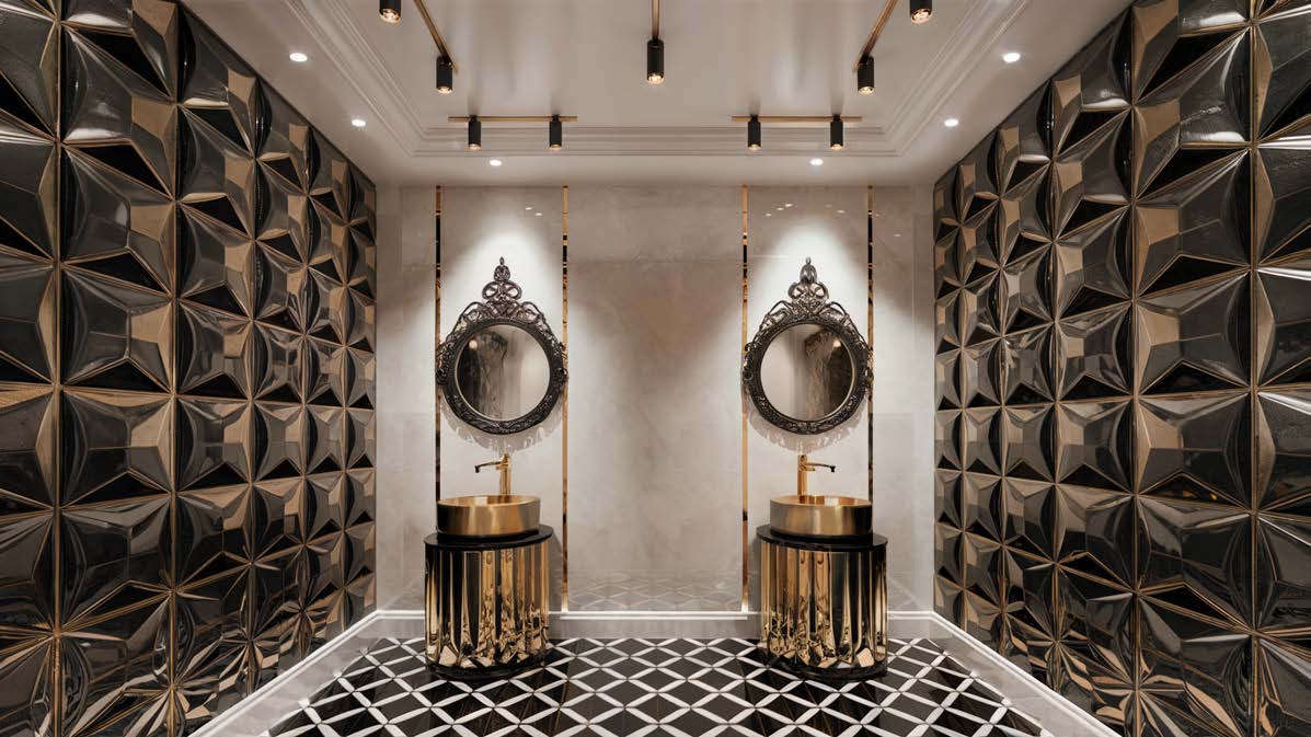 Modern hotel bathroom with gold sinks and geometric walls