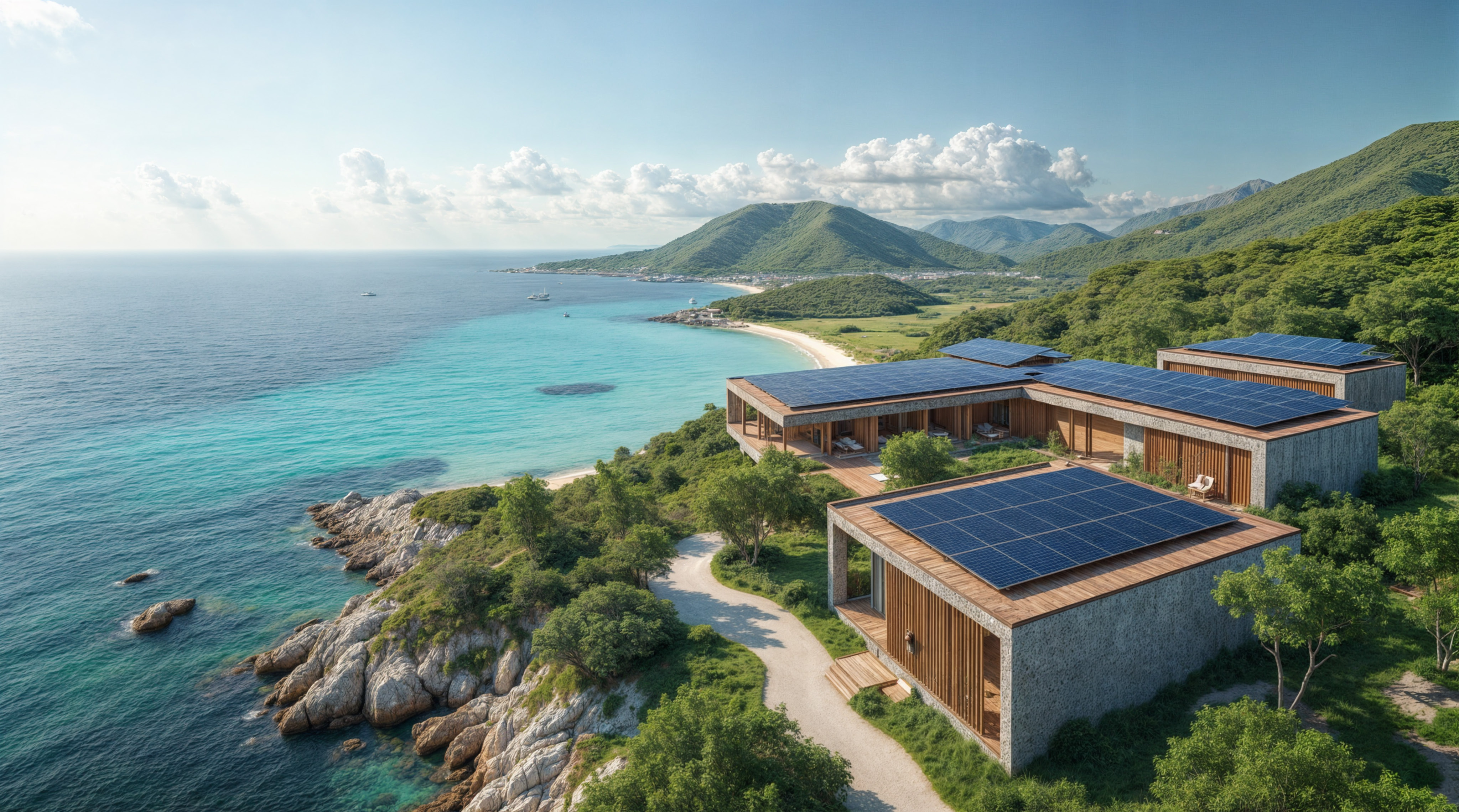 Eco-friendly hotel with solar panels overlooking the ocean
