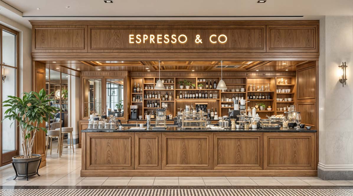 Espresso and coffee bar interior inside a luxury hotel