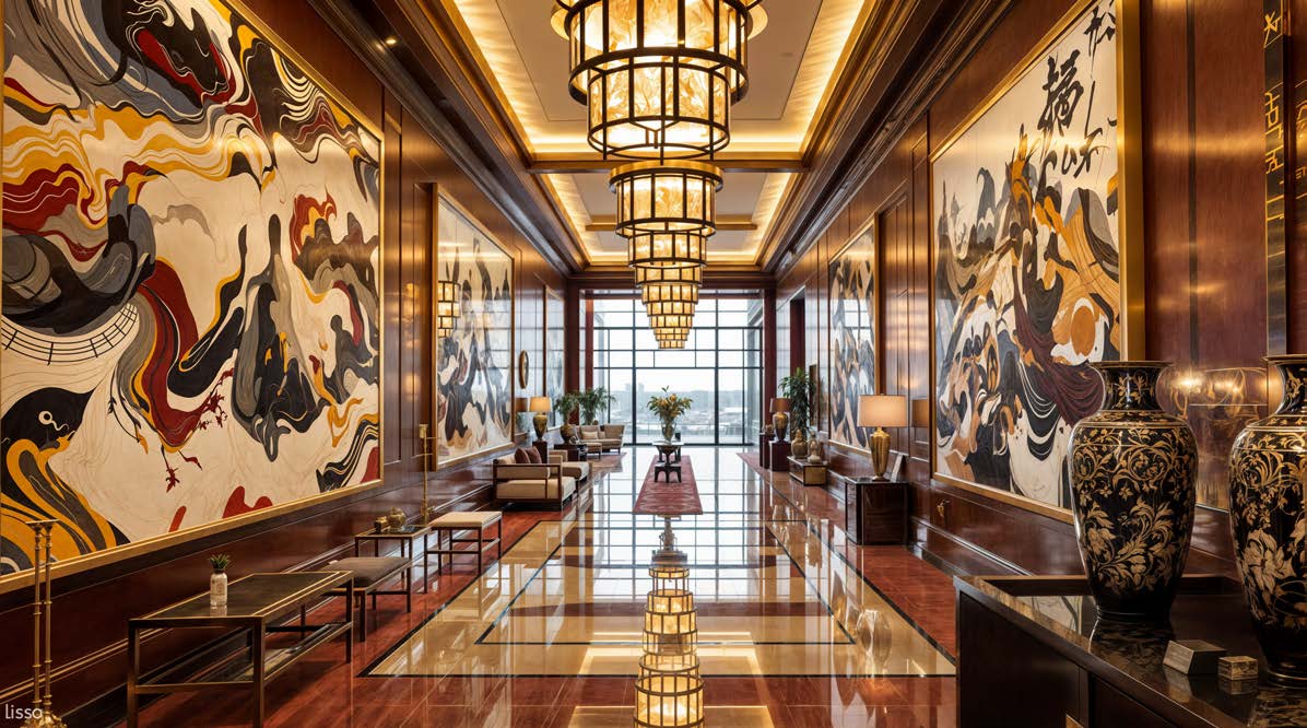 Hotel corridor with large murals and chandeliers